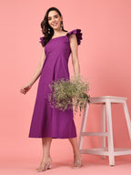 Purple Ruffle Sleeve Midi Dress