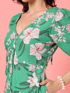 Green Floral Buttoned Midi Dress