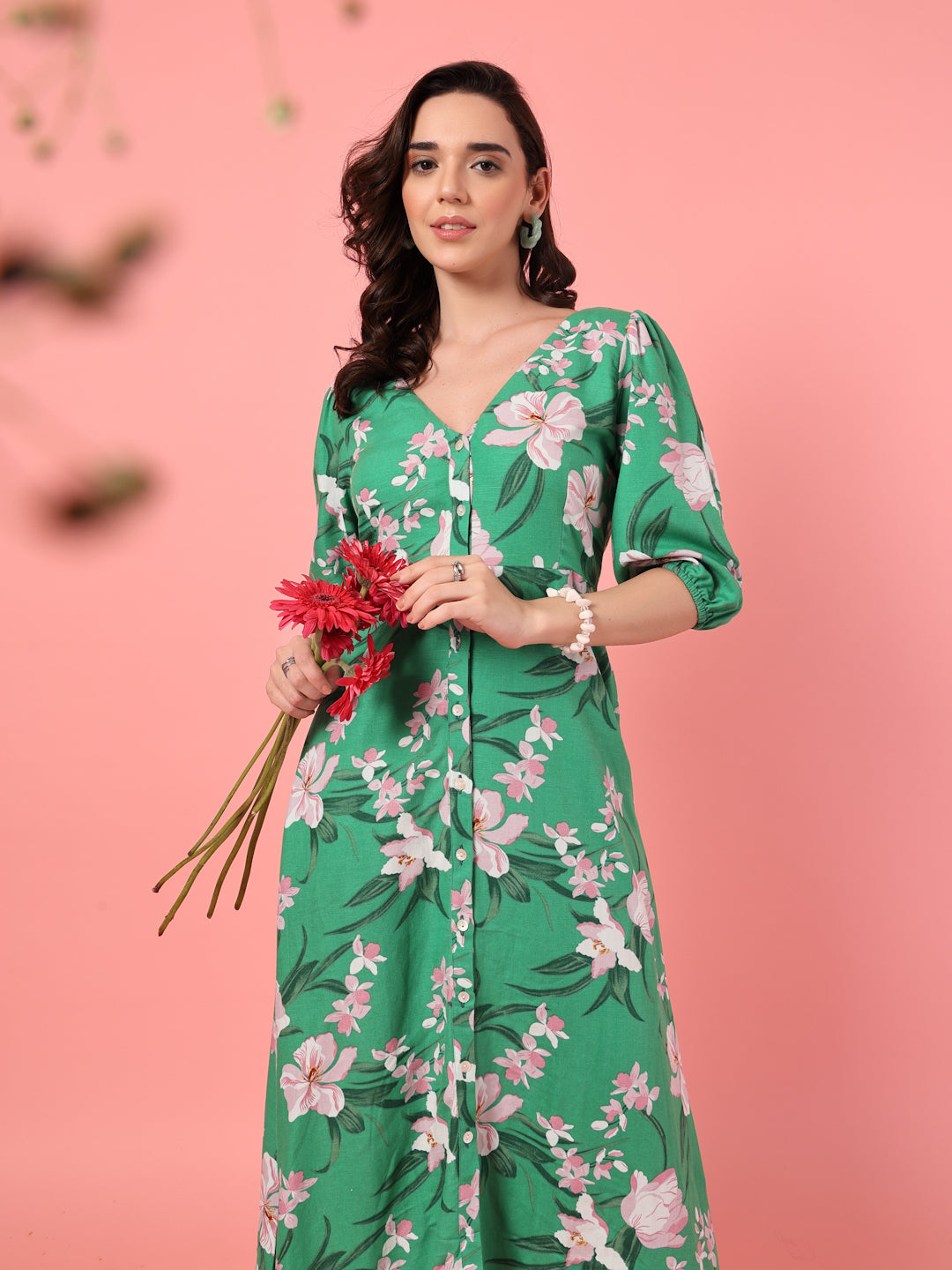 Floral Buttoned Midi Dress