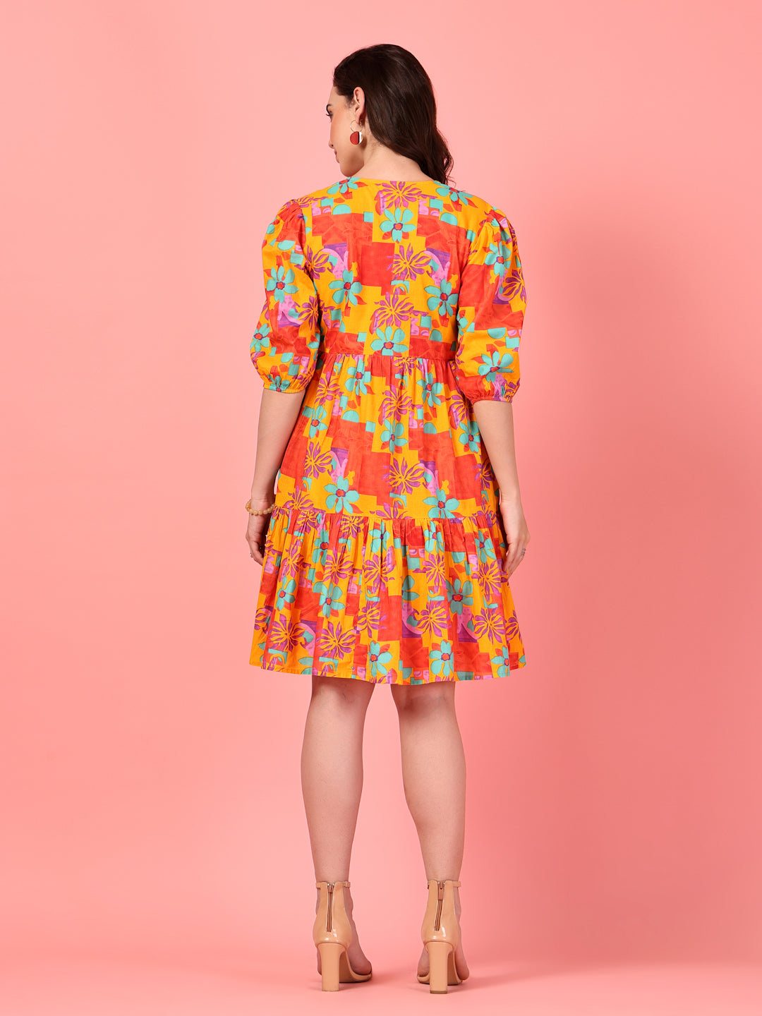 Printed Buttoned Puff Sleeve Dress