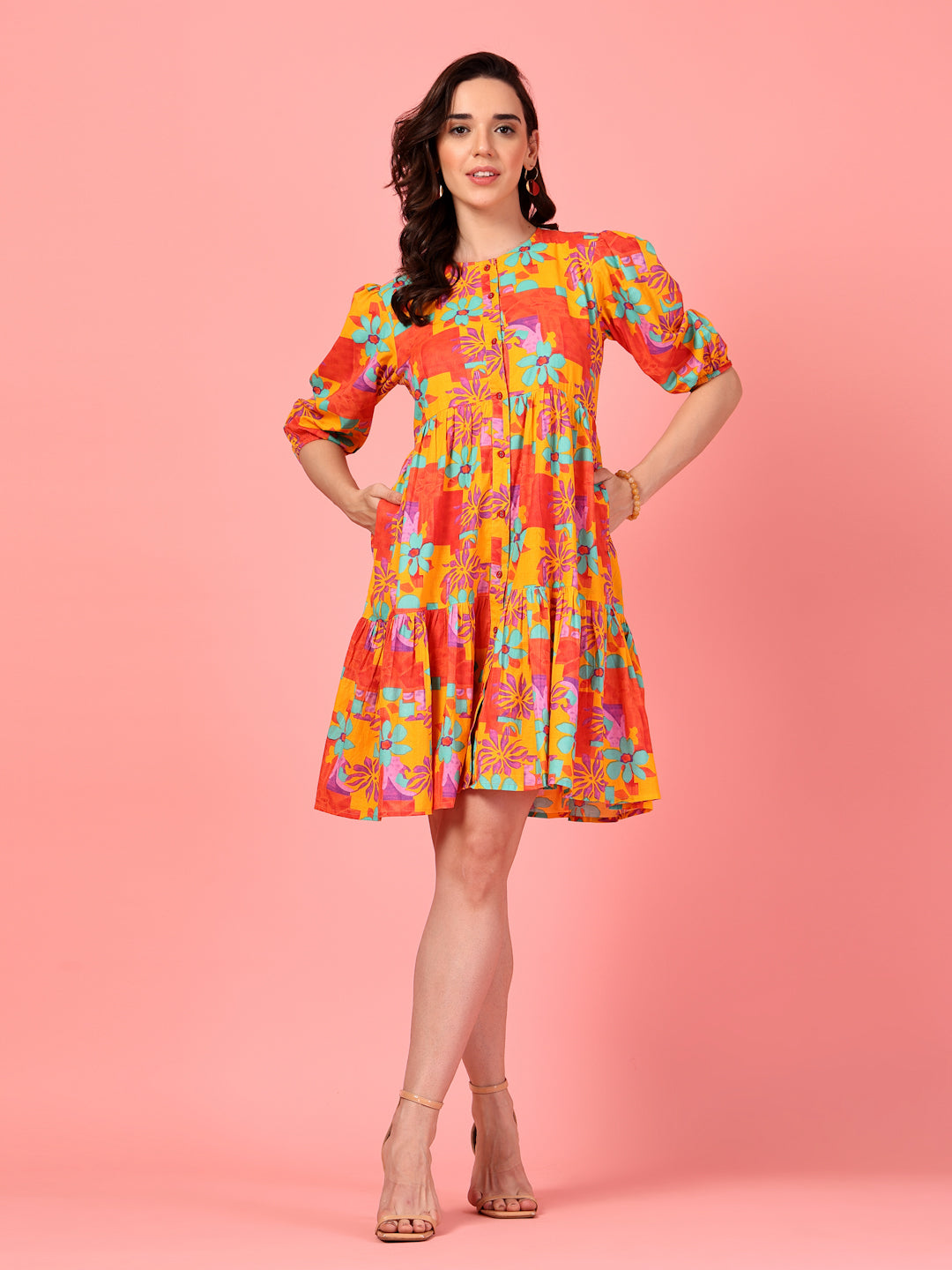 Printed Buttoned Puff Sleeve Dress