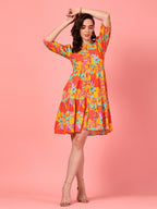 Printed Buttoned Puff Sleeve Dress - Orange