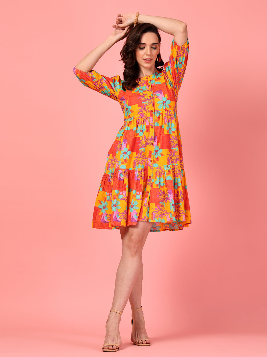 Printed Buttoned Puff Sleeve Dress