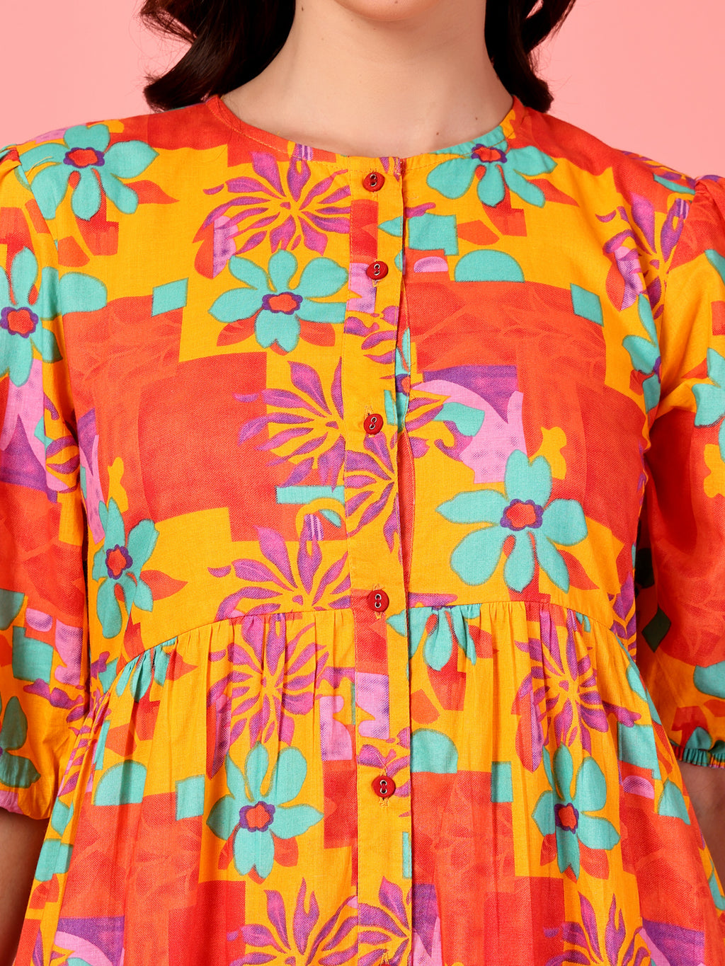 Printed Buttoned Puff Sleeve Dress