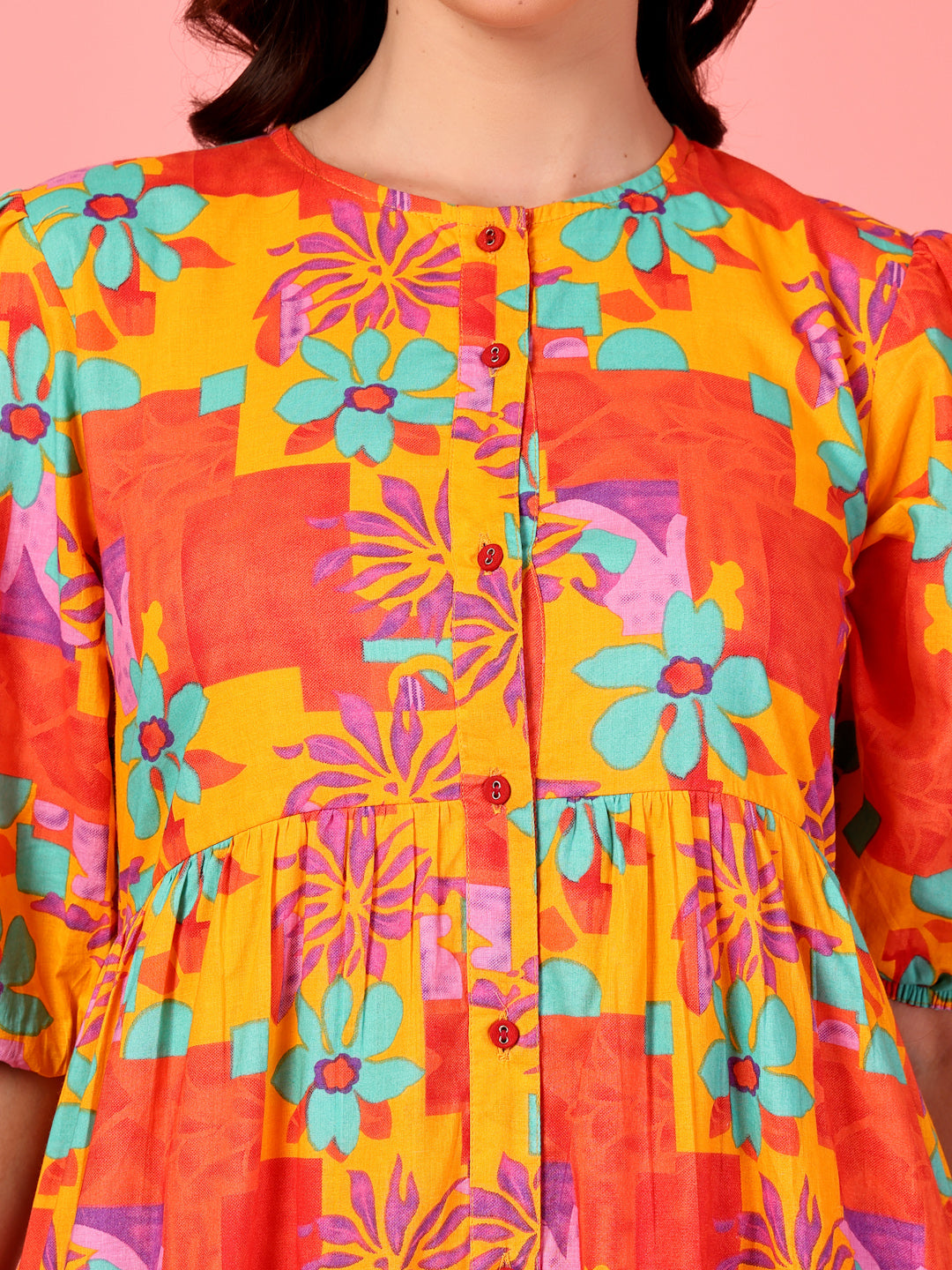 Printed Buttoned Puff Sleeve Dress