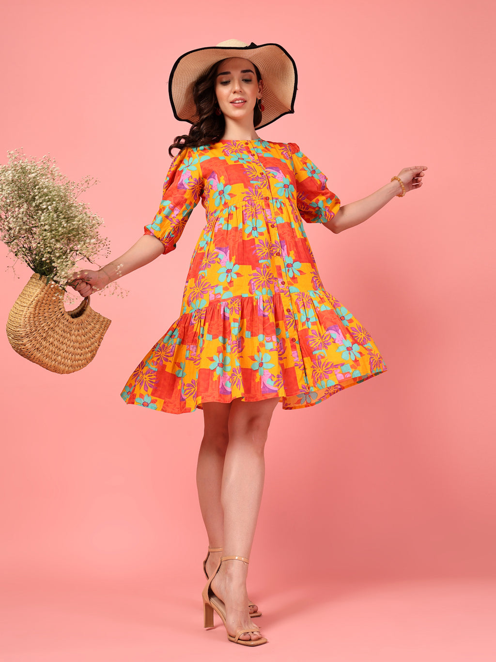 Printed Buttoned Puff Sleeve Dress