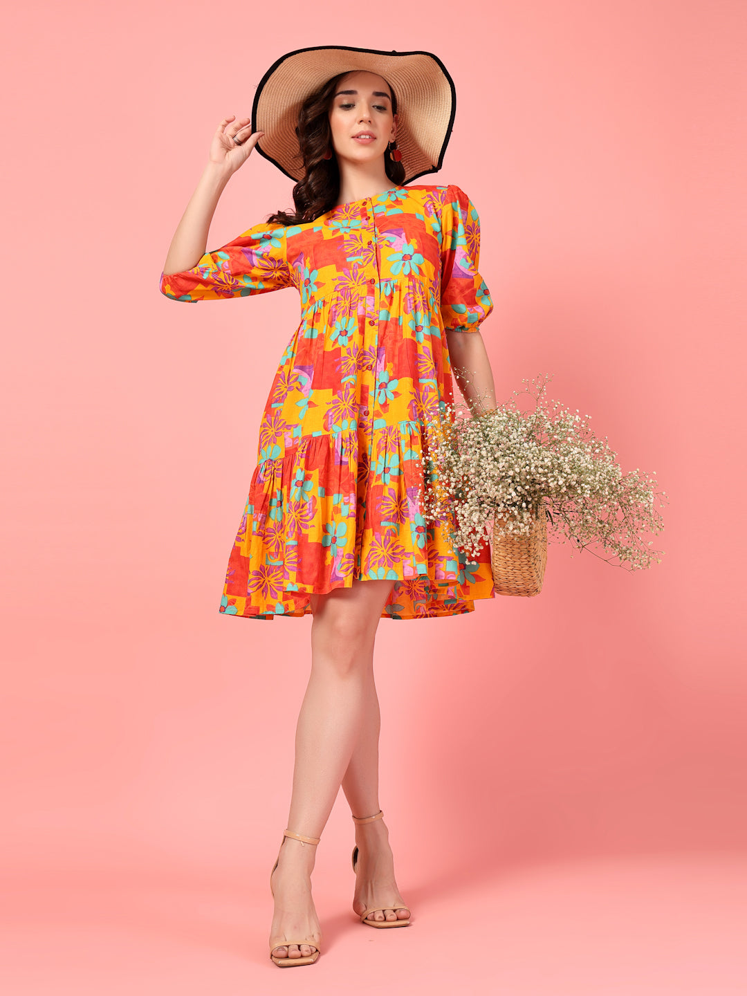 Printed Buttoned Puff Sleeve Dress