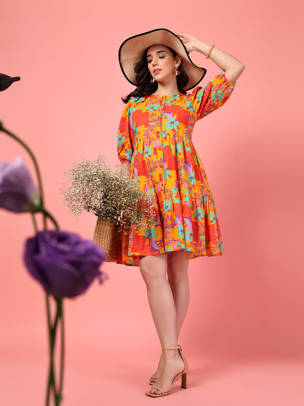 Printed Buttoned Puff Sleeve Dress