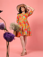 Printed Buttoned Puff Sleeve Dress - Orange