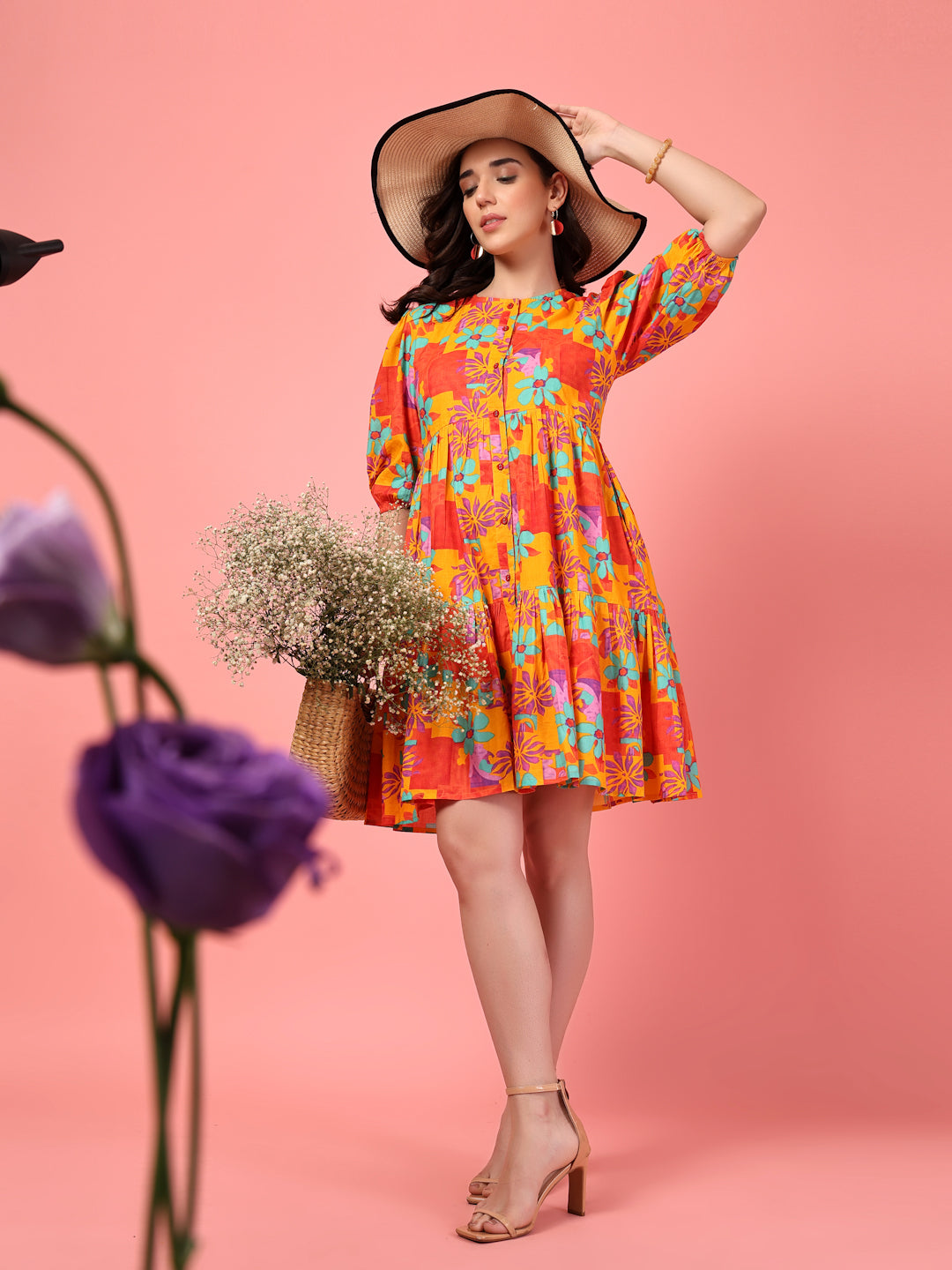 Printed Buttoned Puff Sleeve Dress