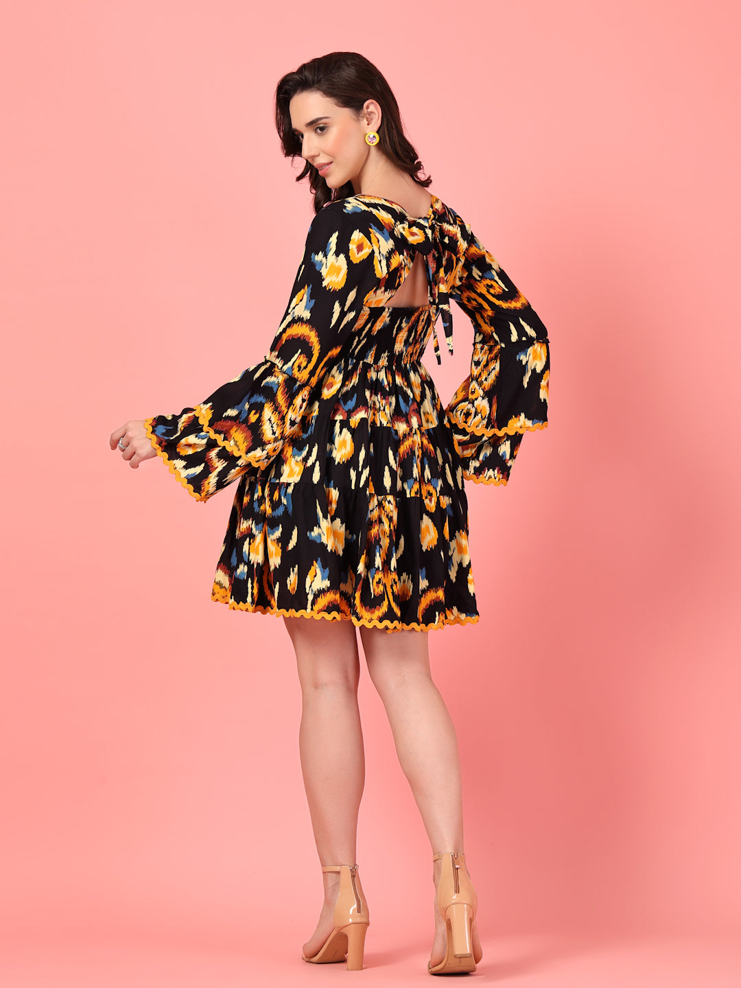 Ikkat Print Tiered Short Dress