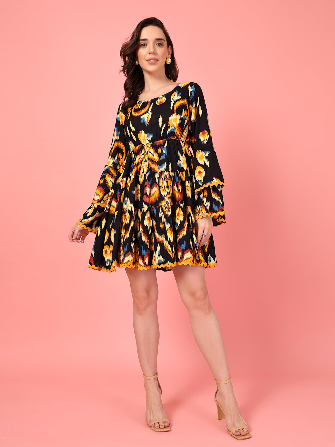 Ikkat Print Tiered Short Dress