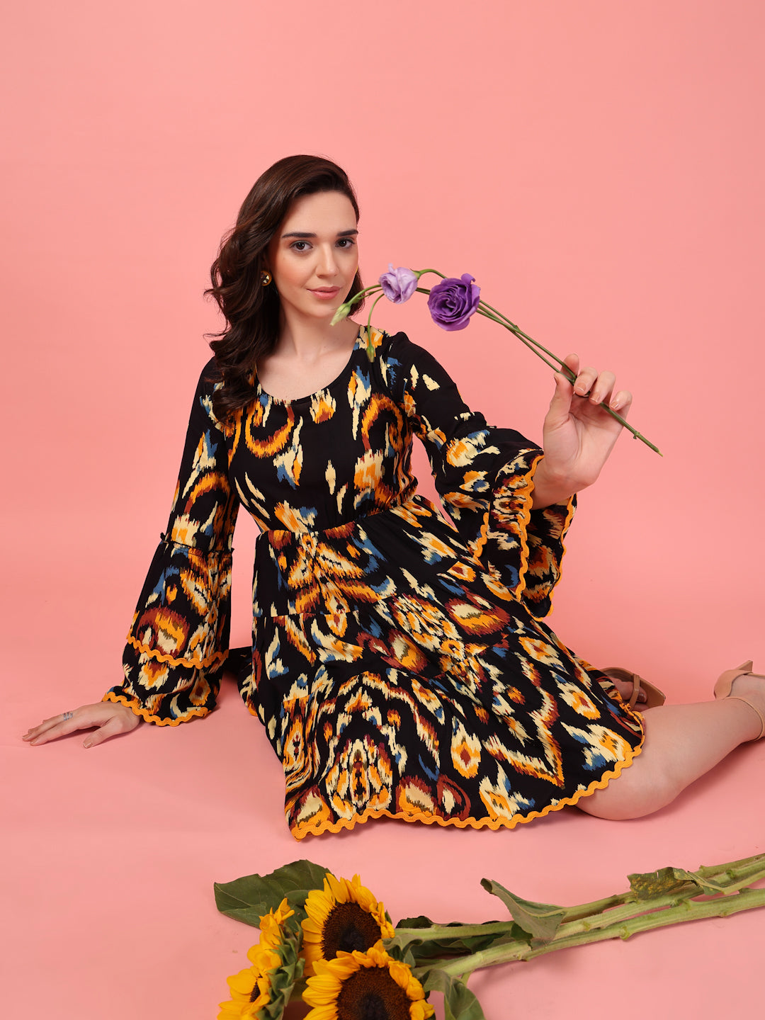 Ikkat Print Tiered Short Dress