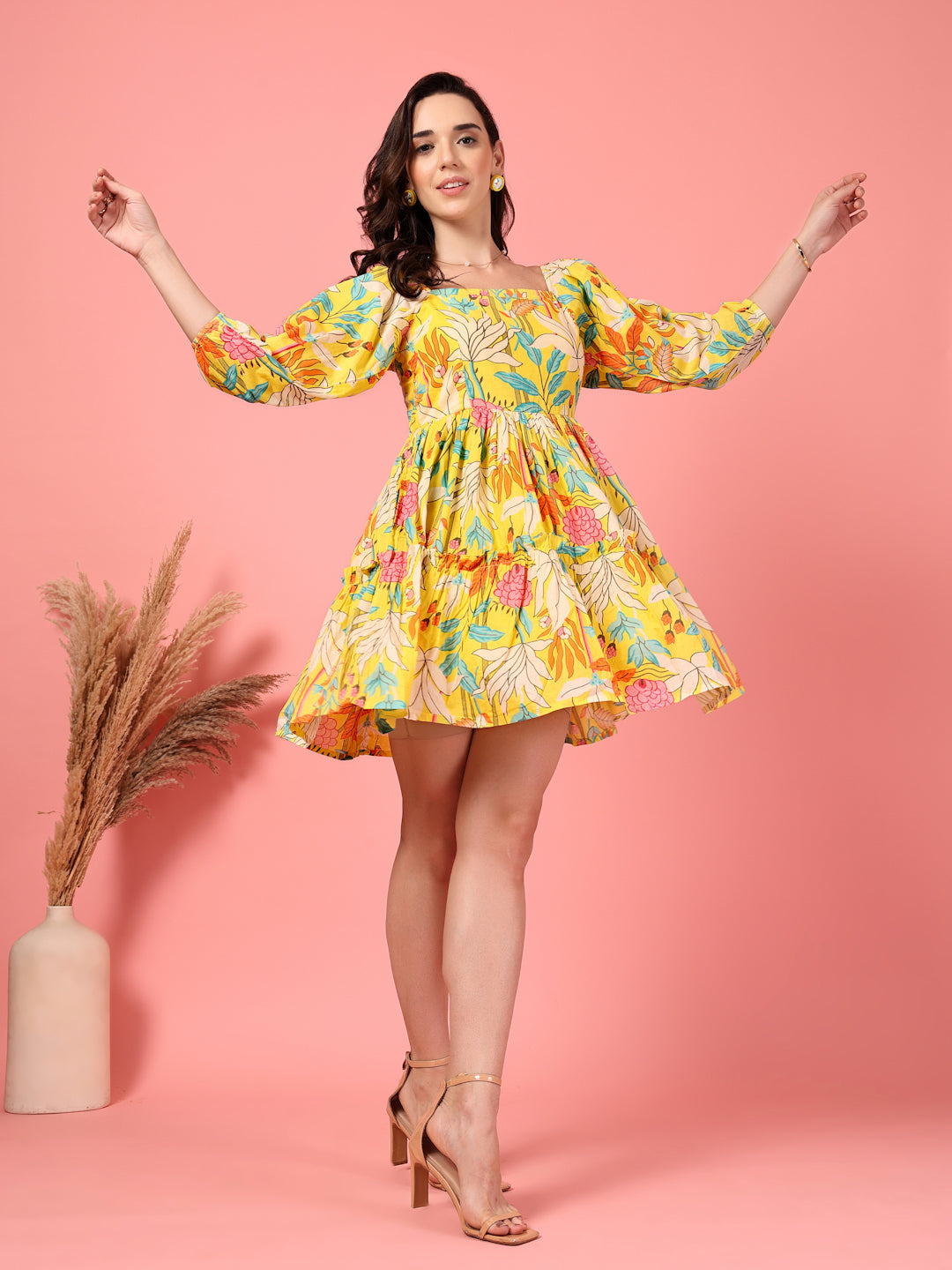 Multi Floral Puff Mini Dress