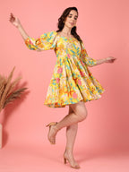 Multi Floral Puff Mini Dress