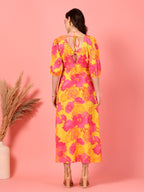 Pink Floral Buttoned Midi Dress