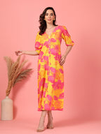 Pink Floral Buttoned Midi Dress