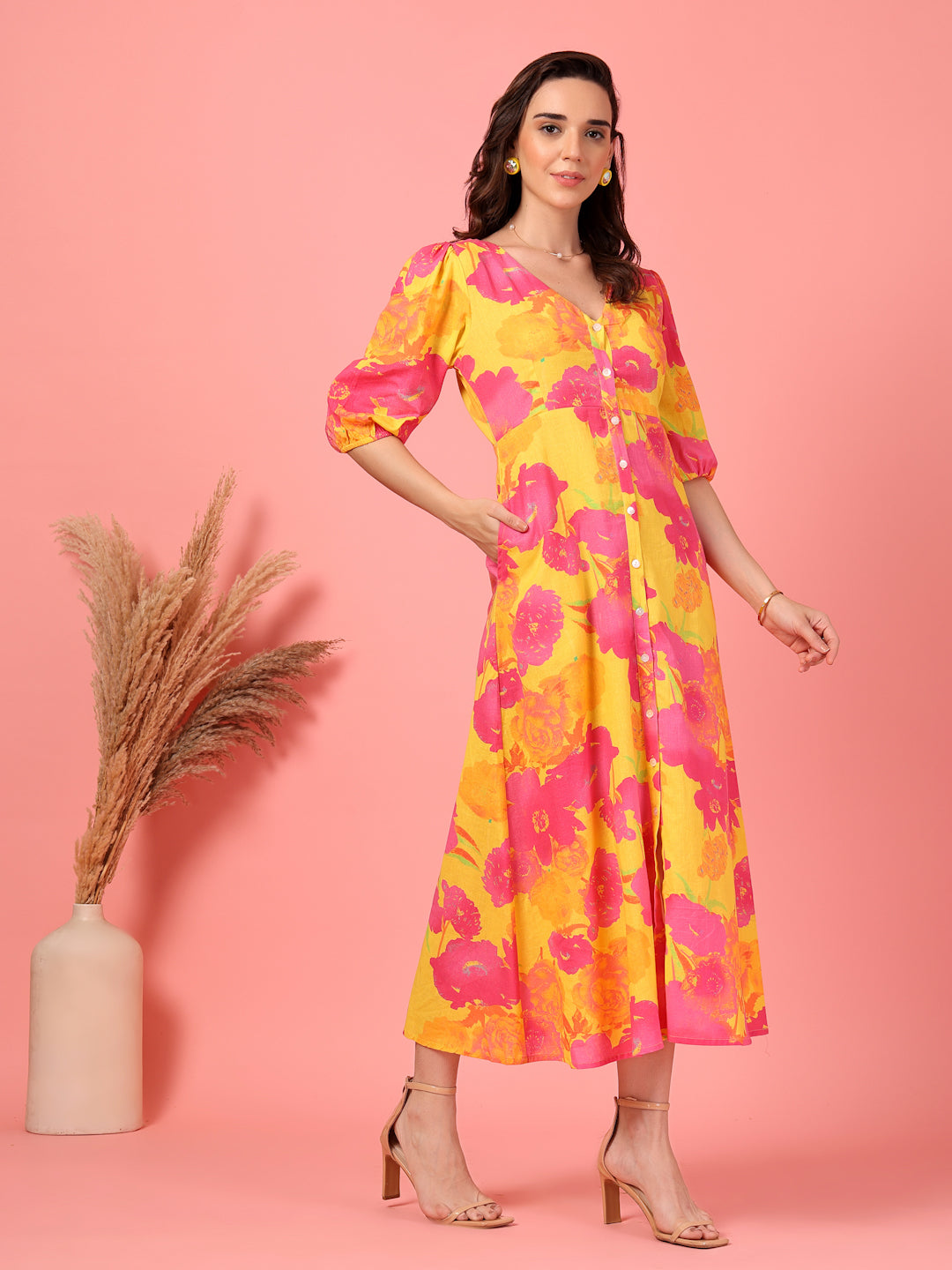 Floral Buttoned Midi Dress