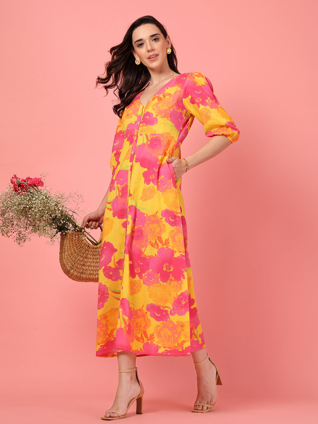 Floral Buttoned Midi Dress