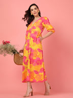 Pink Floral Buttoned Midi Dress