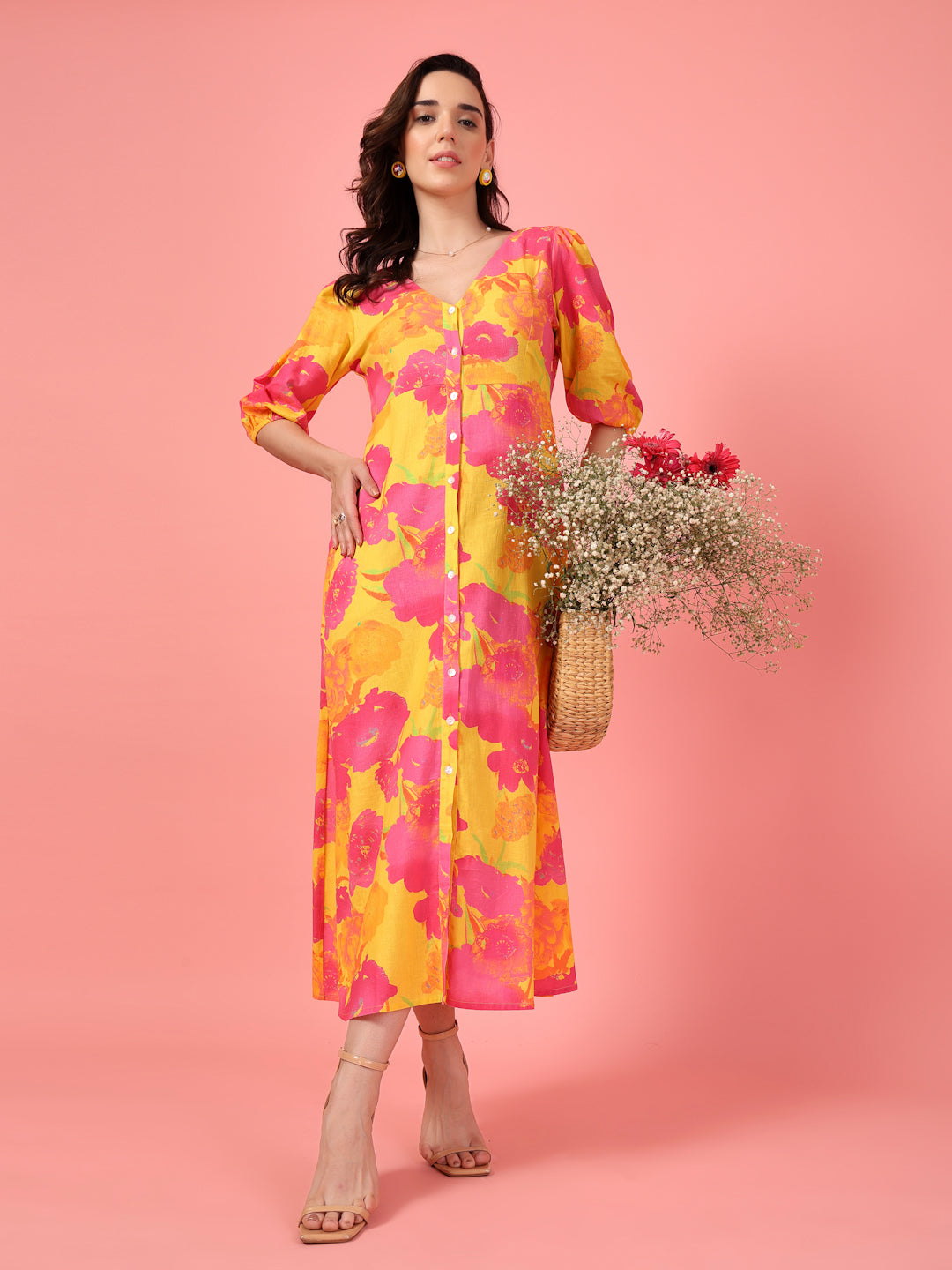 Floral Buttoned Midi Dress