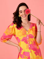 Pink Floral Buttoned Midi Dress