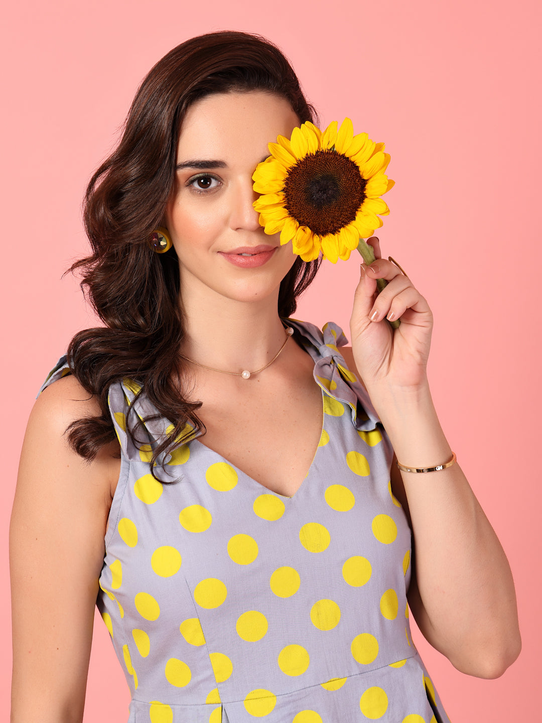Yellow Polka Dot Midi Dress for Women | Ruffled Bow Tie Sleeveless A-Line