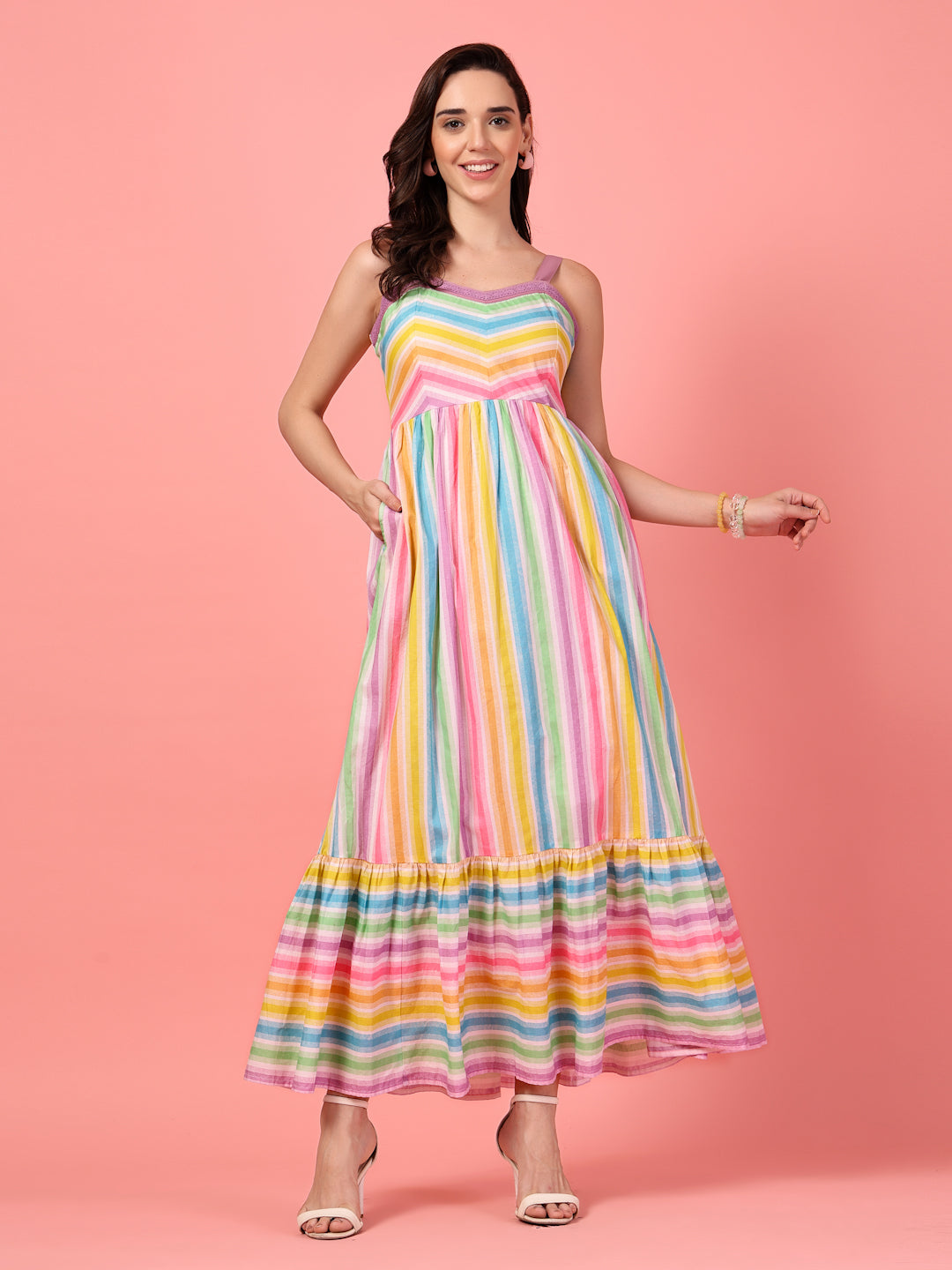 rainbow tiered maxi dress Rainbow Striped Adjustable Cotton Maxi Dress