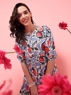 Printed Buttoned Puff Sleeve Dress